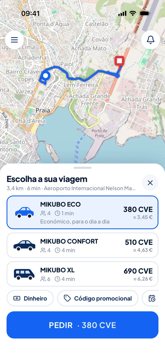 Escolha do tipo de viagem com o preço em CVE e em euros